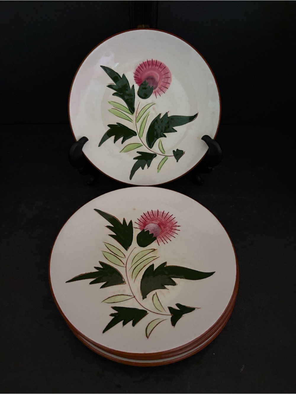 Vintage Stangl Pottery Hand Painted Pink Thistle 6” Dessert Plates Set of 4